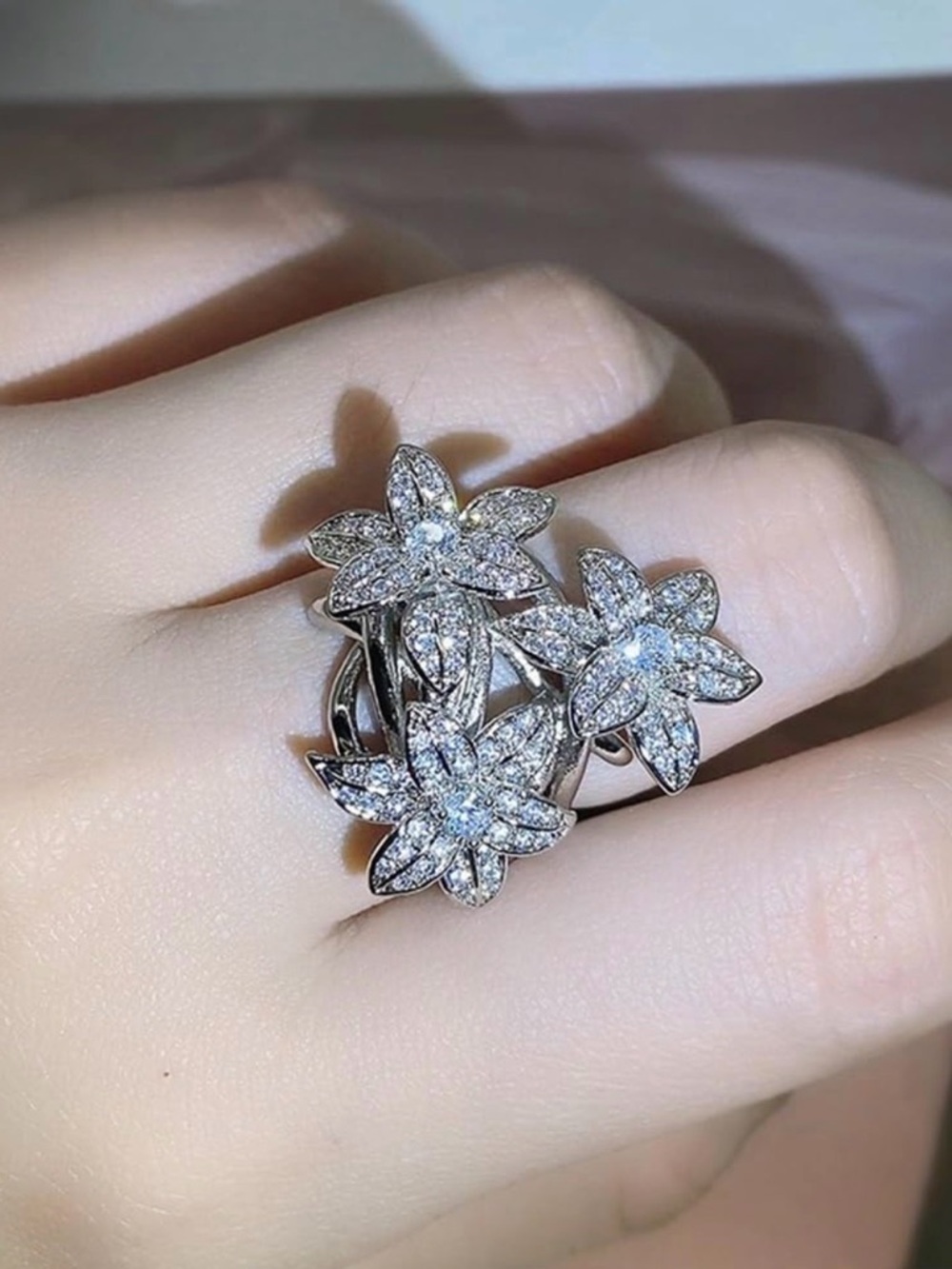Silver Floral Cluster Cocktail Ring with Clear Crystal Accents
